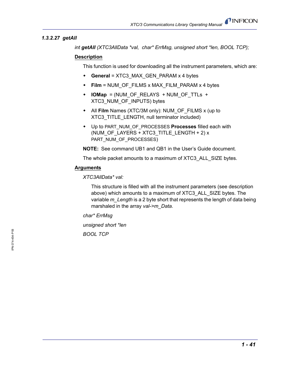 27 getall | INFICON XTC/3 Thin Film Deposition Controller Communications Library Operating Manual User Manual | Page 55 / 84