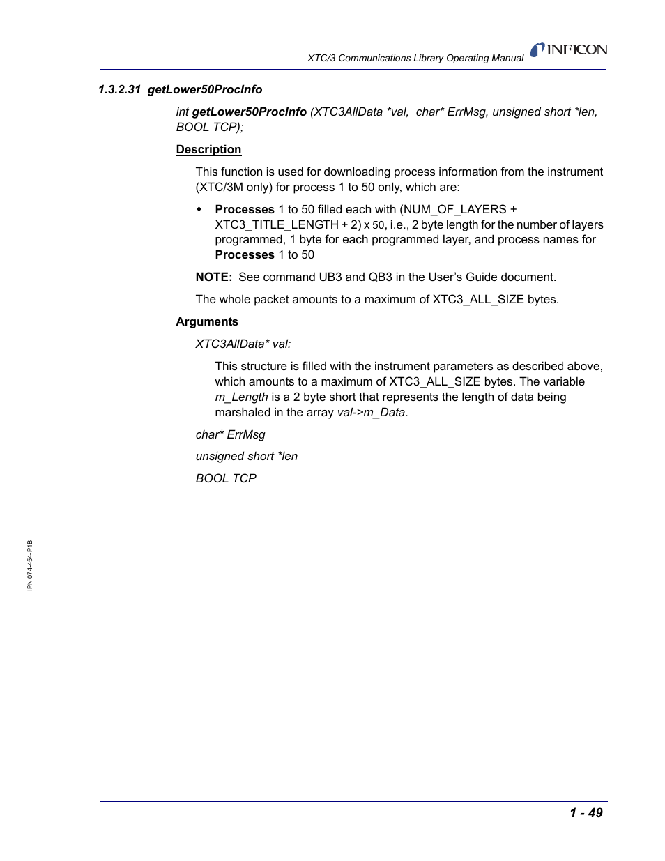31 getlower50procinfo | INFICON XTC/3 Thin Film Deposition Controller Communications Library Operating Manual User Manual | Page 63 / 84