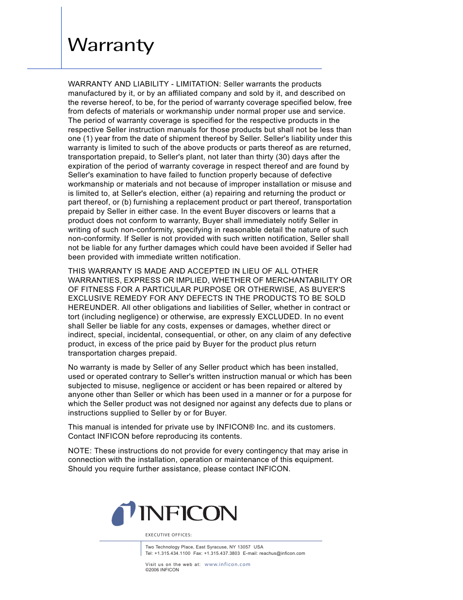Warranty | INFICON XTC/3 Thin Film Deposition Controller Communications Library Operating Manual User Manual | Page 7 / 84