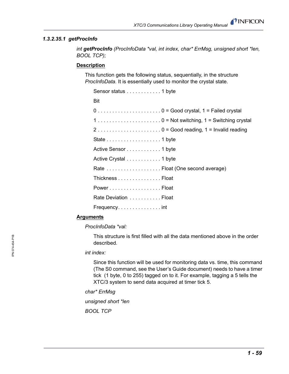 1 getprocinfo | INFICON XTC/3 Thin Film Deposition Controller Communications Library Operating Manual User Manual | Page 73 / 84