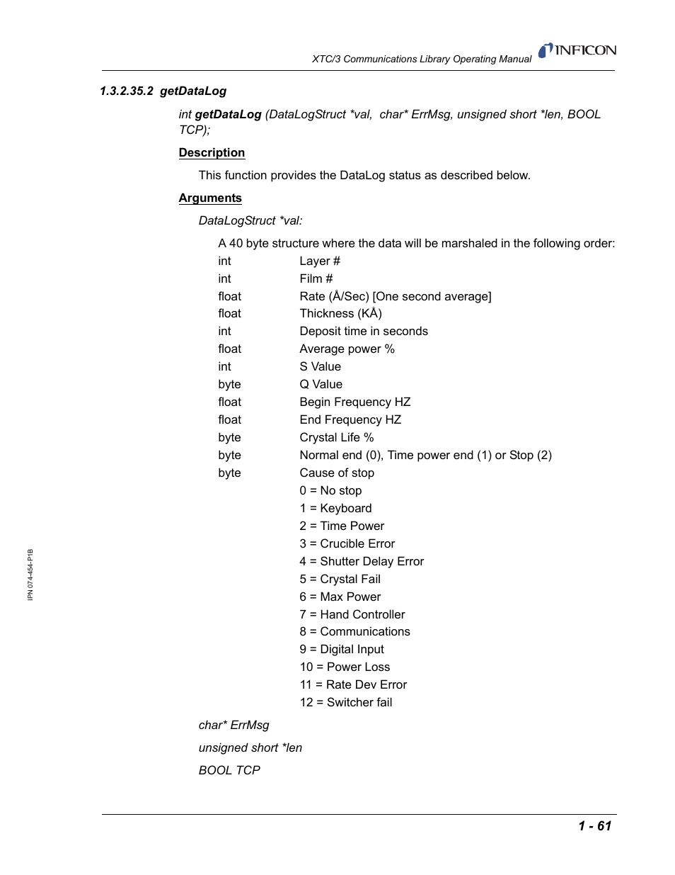 2 getdatalog | INFICON XTC/3 Thin Film Deposition Controller Communications Library Operating Manual User Manual | Page 75 / 84