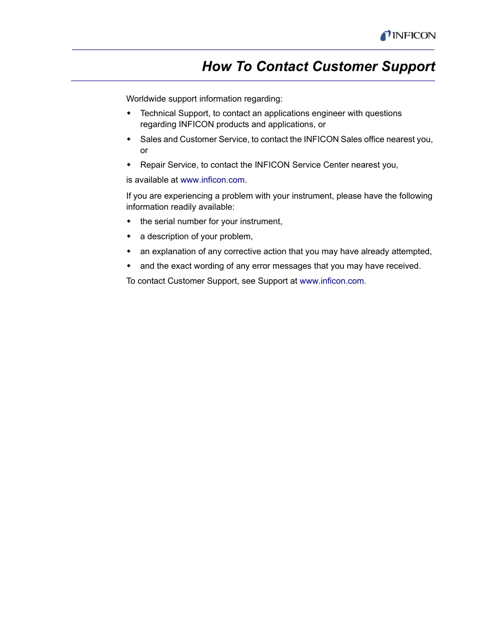 How to contact customer support | INFICON XTC/3 Thin Film Deposition Controller Communications Library Operating Manual User Manual | Page 9 / 84