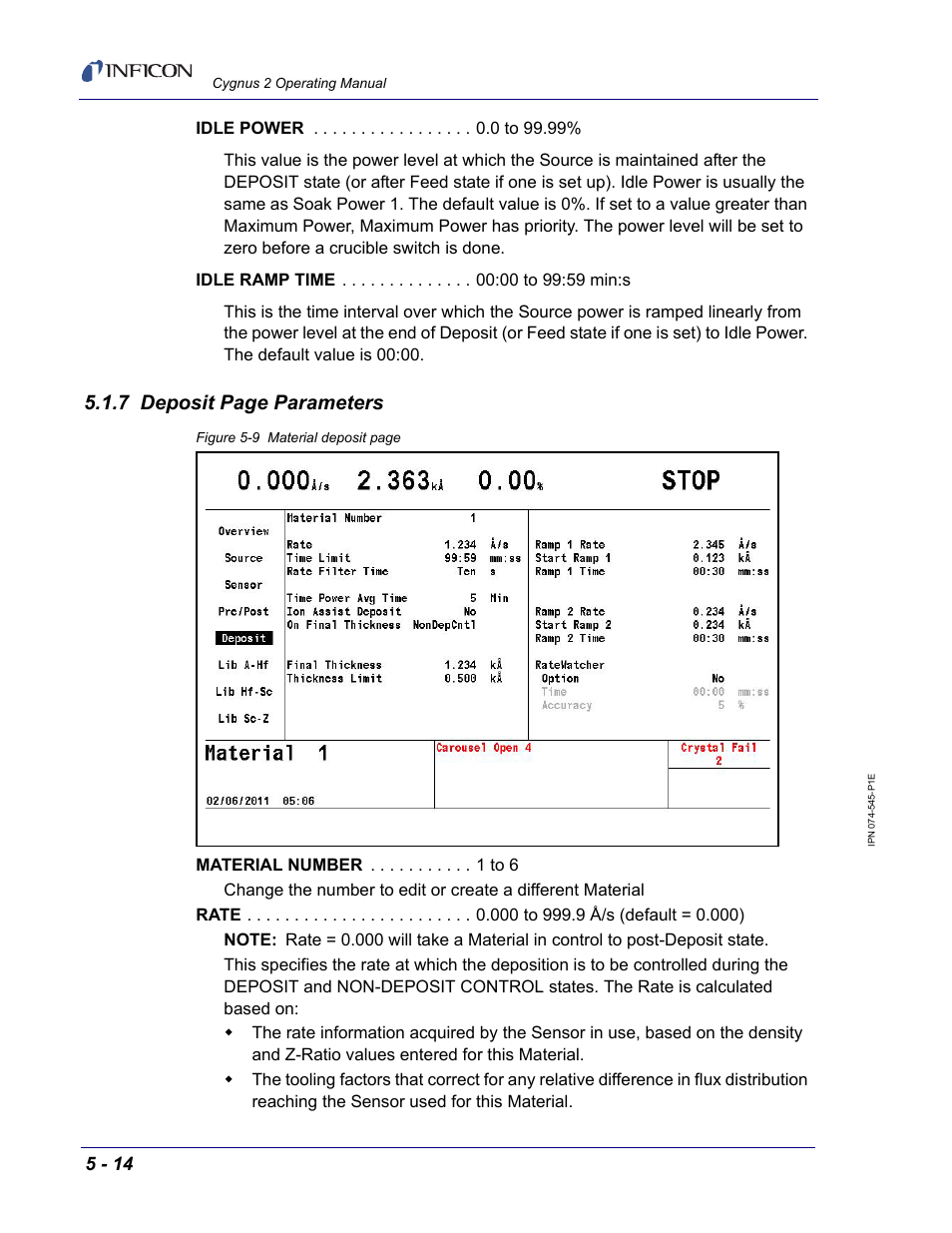 Section 5.1.7, 7 deposit page parameters | INFICON Cygnus 2 Thin Film Deposition Controller User Manual | Page 112 / 274
