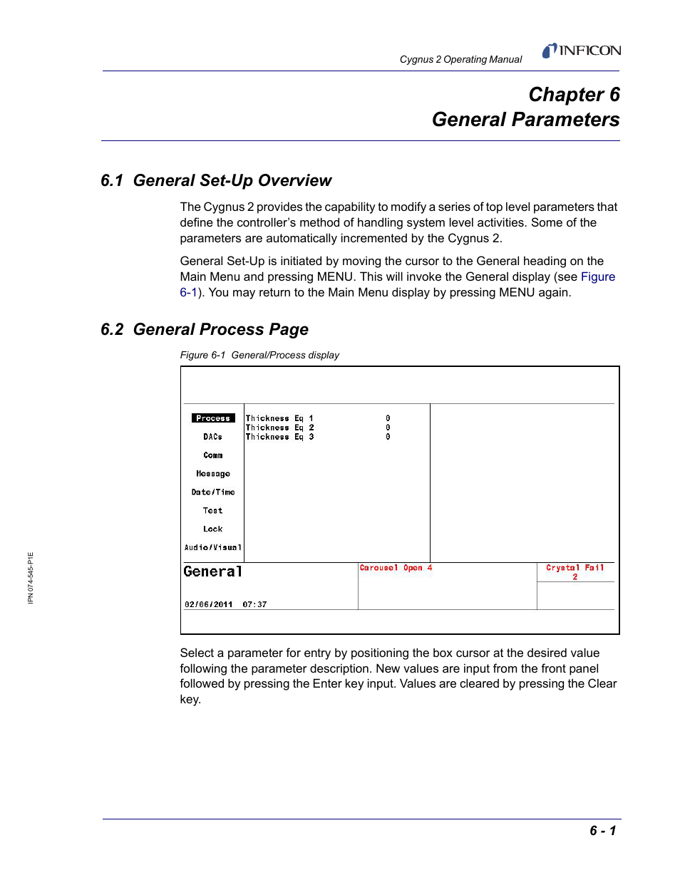 Chapter 6 general parameters, 1 general set-up overview, Chapter 6 | Chapter 6, general parameters, Chapter 6, general, Parameters, 2 general process page | INFICON Cygnus 2 Thin Film Deposition Controller User Manual | Page 117 / 274