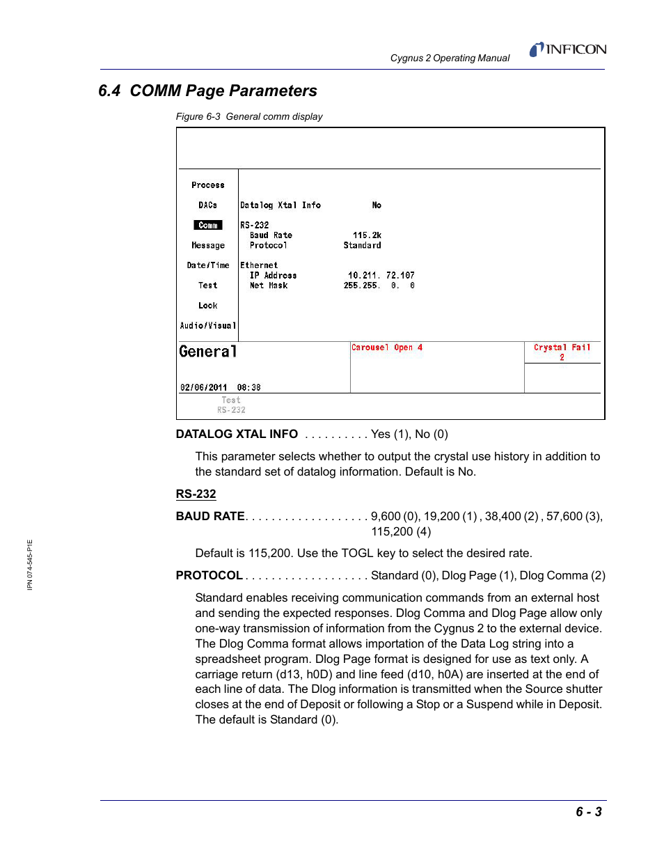 4 comm page parameters | INFICON Cygnus 2 Thin Film Deposition Controller User Manual | Page 119 / 274