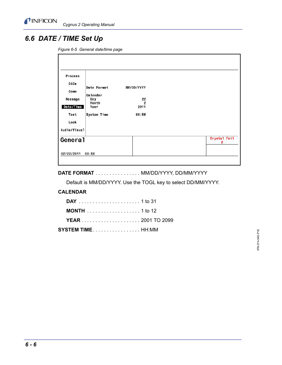 6 date / time set up, Section 6.6, date / time set up, on, Section 6.6 | INFICON Cygnus 2 Thin Film Deposition Controller User Manual | Page 122 / 274