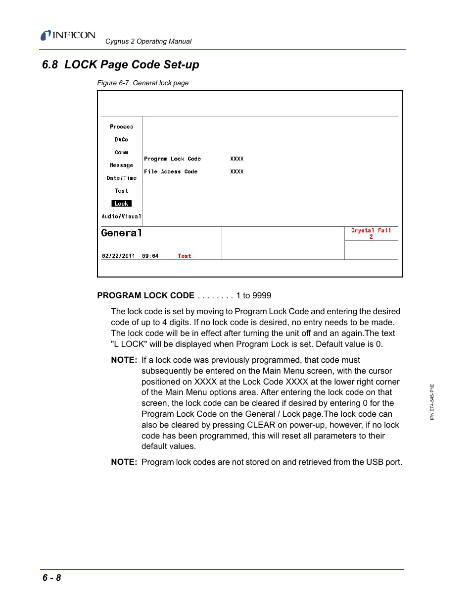 8 lock page code set-up | INFICON Cygnus 2 Thin Film Deposition Controller User Manual | Page 124 / 274