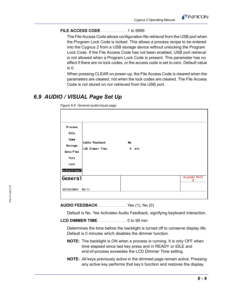 9 audio / visual page set up | INFICON Cygnus 2 Thin Film Deposition Controller User Manual | Page 125 / 274