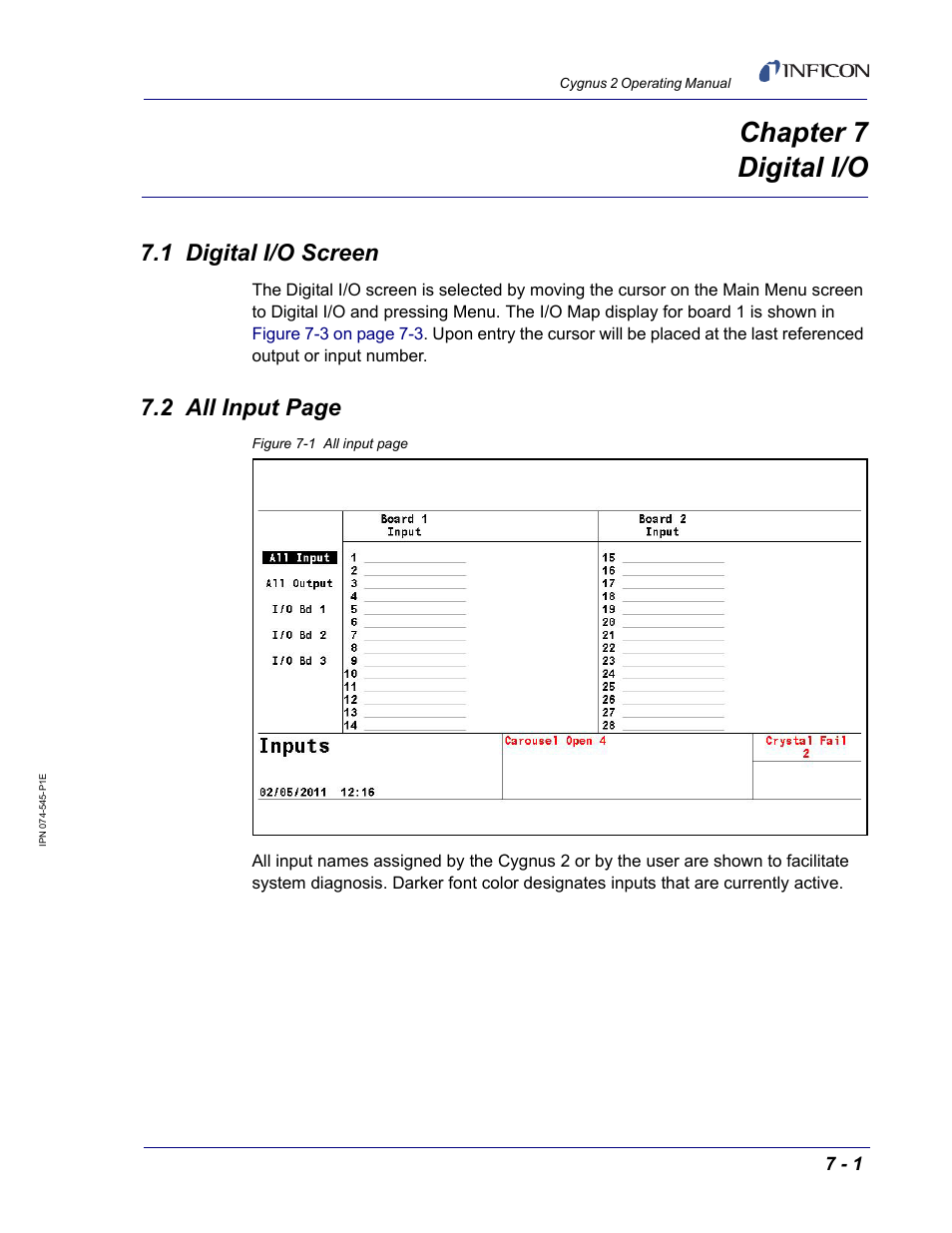 Chapter 7 digital i/o, 1 digital i/o screen, Chapter 7 | Ter 7, digital i/o, 2 all input page | INFICON Cygnus 2 Thin Film Deposition Controller User Manual | Page 127 / 274