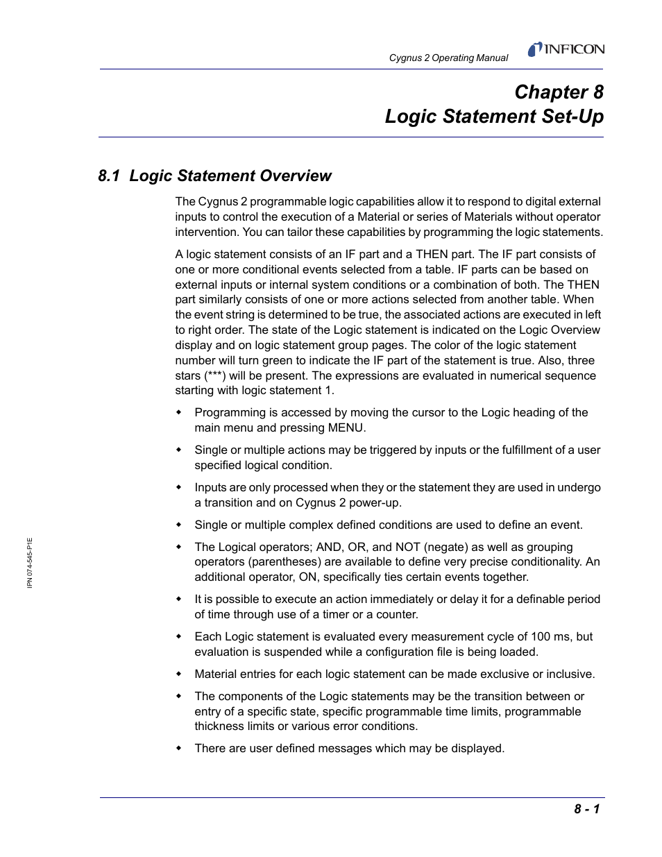 Chapter 8 logic statement set-up, 1 logic statement overview, Chapter 8 | Pter 8, logic statement set-up | INFICON Cygnus 2 Thin Film Deposition Controller User Manual | Page 131 / 274
