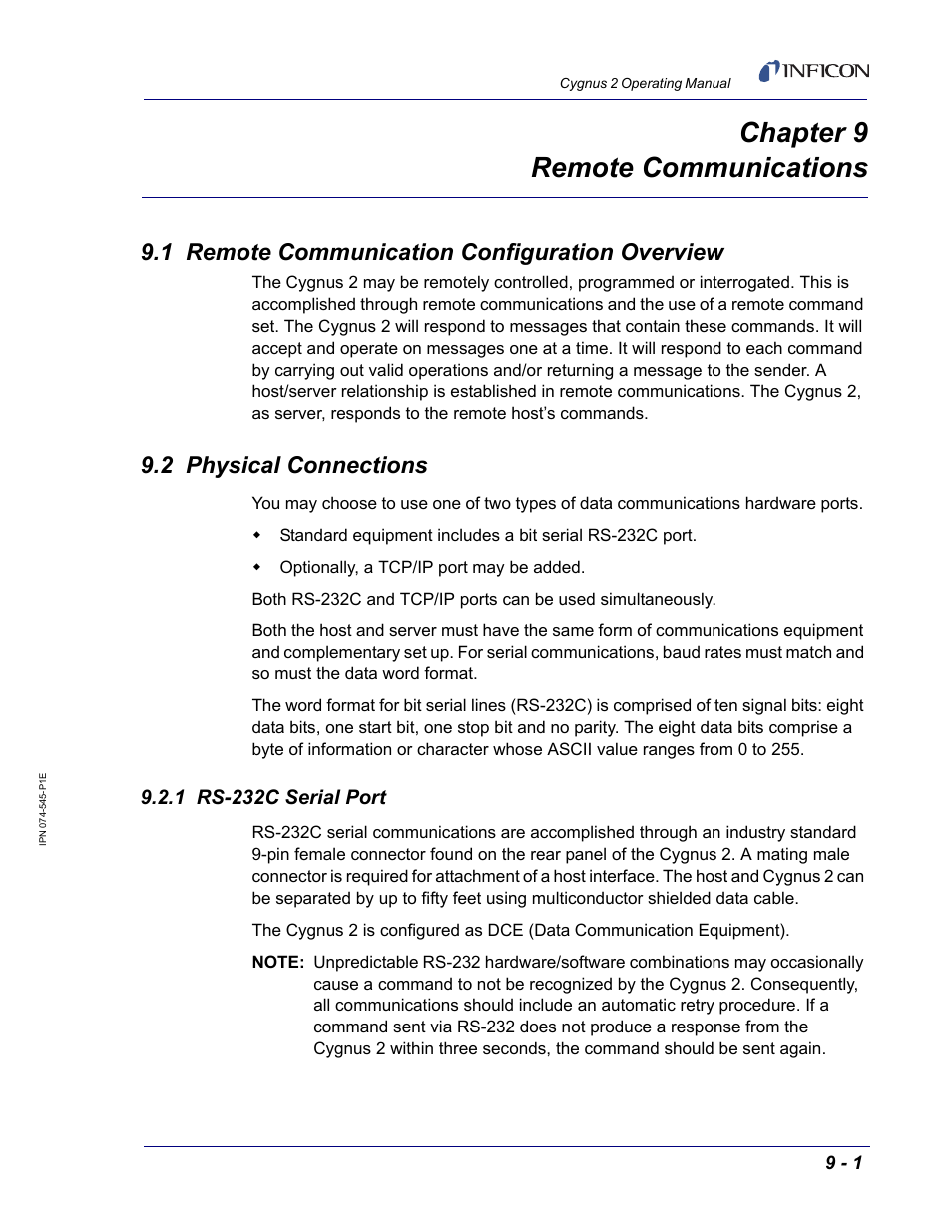 Chapter 9 remote communications, 1 remote communication configuration overview, 2 physical connections | 1 rs-232c serial port, Chapter 9 | INFICON Cygnus 2 Thin Film Deposition Controller User Manual | Page 149 / 274