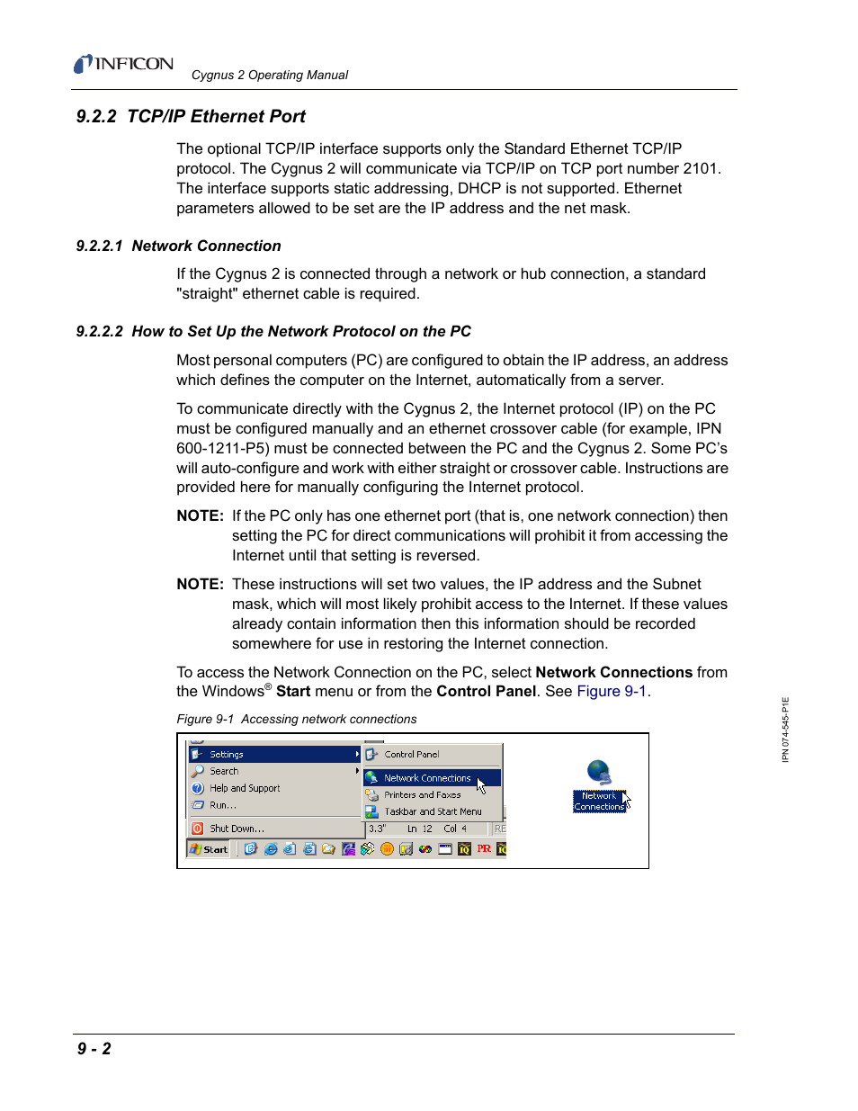 2 tcp/ip ethernet port, 1 network connection, 2 how to set up the network protocol on the pc | INFICON Cygnus 2 Thin Film Deposition Controller User Manual | Page 150 / 274