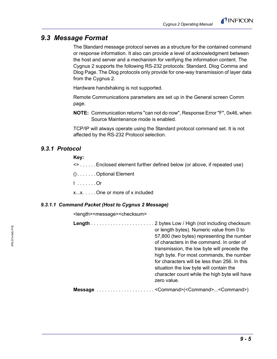 3 message format, 1 protocol, 1 command packet (host to cygnus 2 message) | INFICON Cygnus 2 Thin Film Deposition Controller User Manual | Page 153 / 274