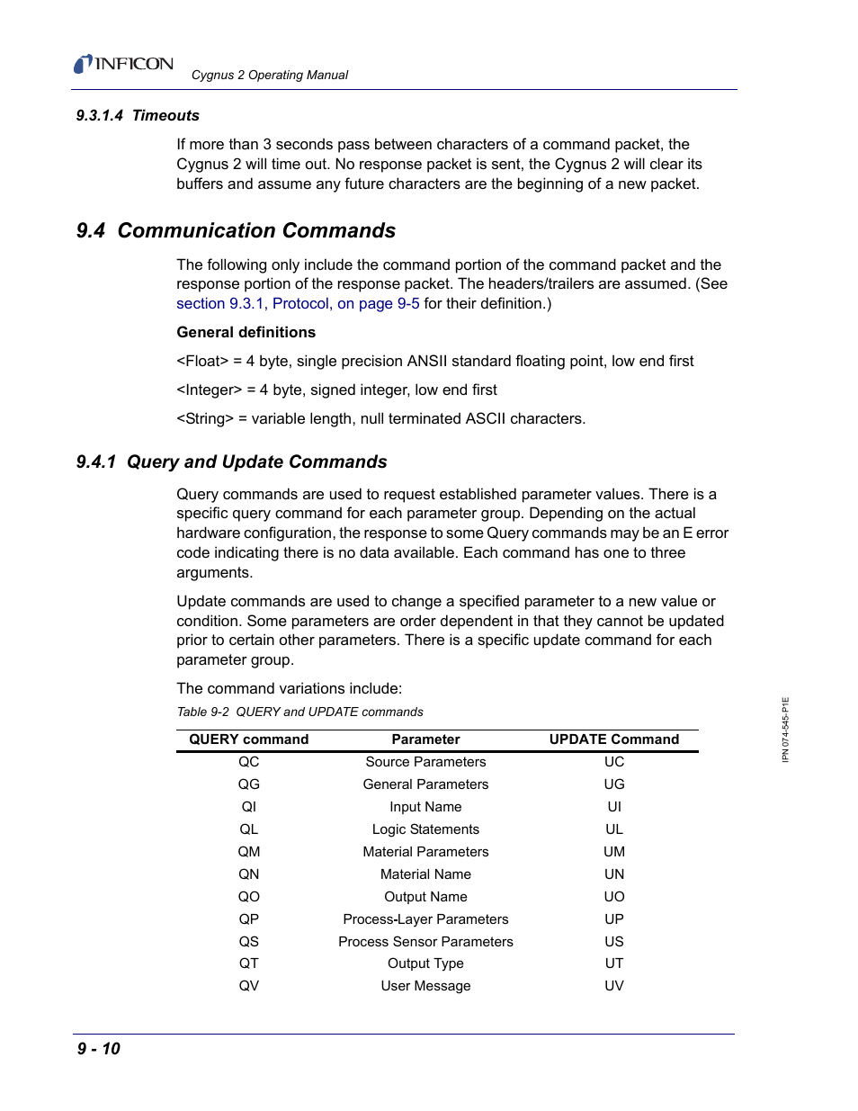 4 timeouts, 4 communication commands, 1 query and update commands | INFICON Cygnus 2 Thin Film Deposition Controller User Manual | Page 158 / 274