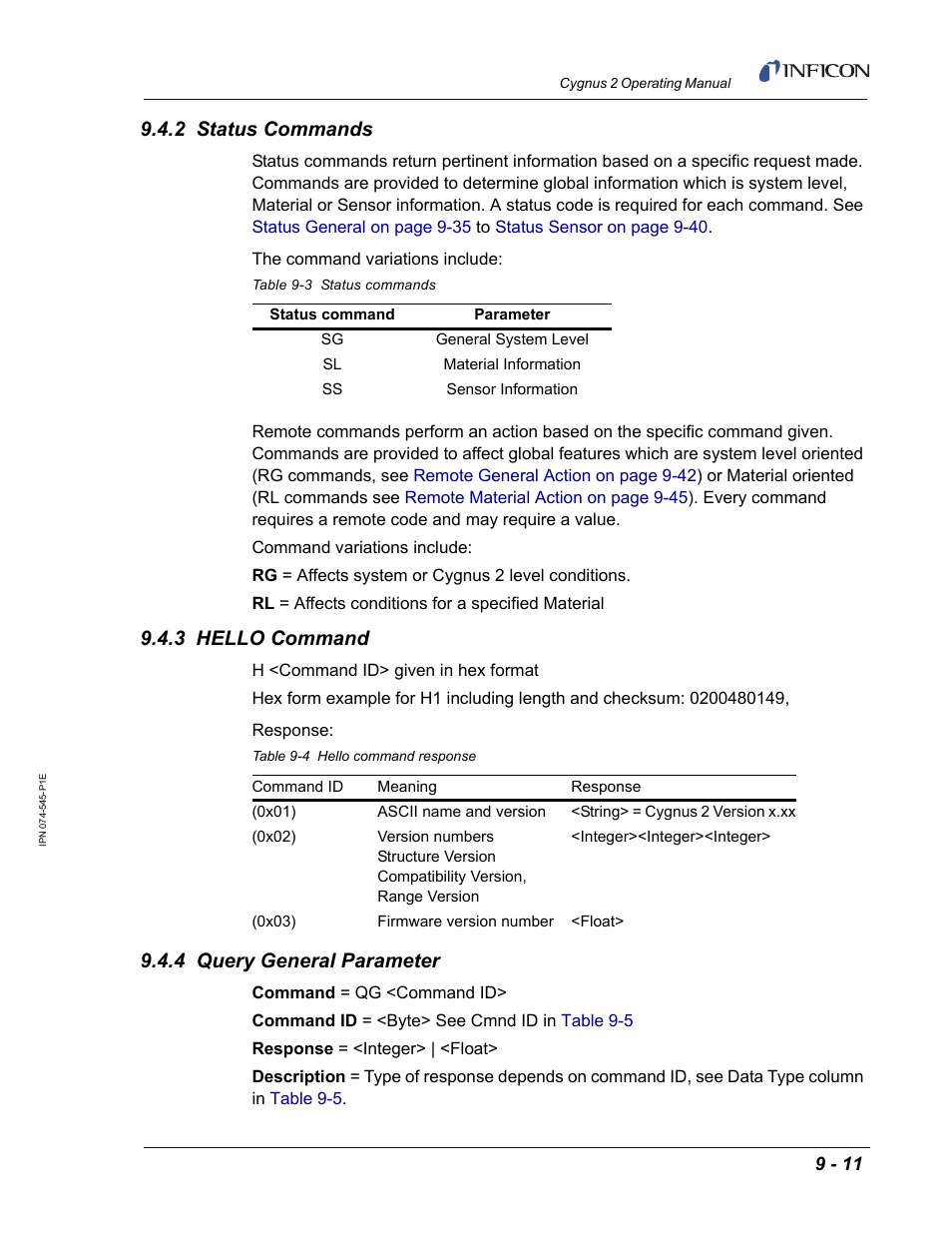 2 status commands, 3 hello command, 4 query general parameter | INFICON Cygnus 2 Thin Film Deposition Controller User Manual | Page 159 / 274