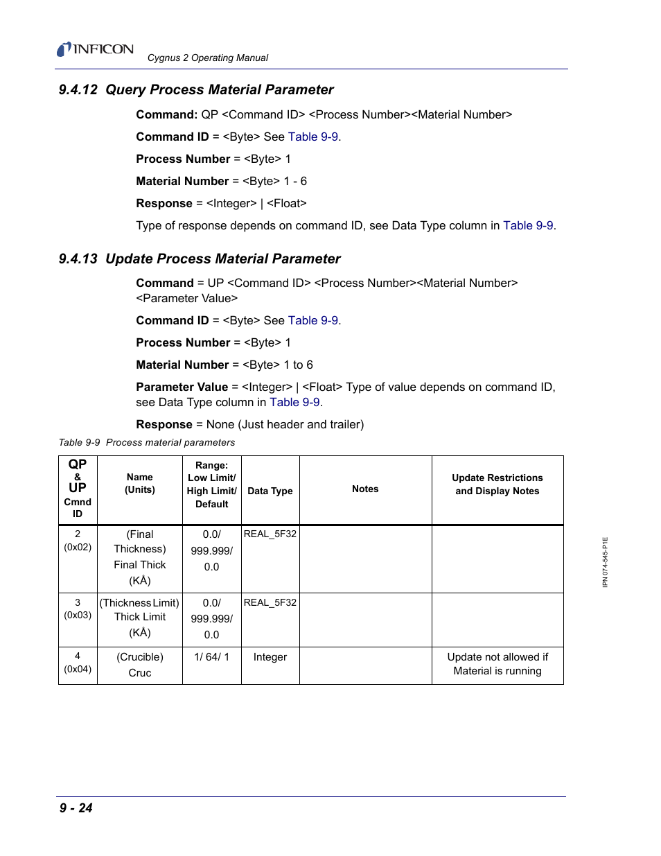 12 query process material parameter, 13 update process material parameter | INFICON Cygnus 2 Thin Film Deposition Controller User Manual | Page 172 / 274