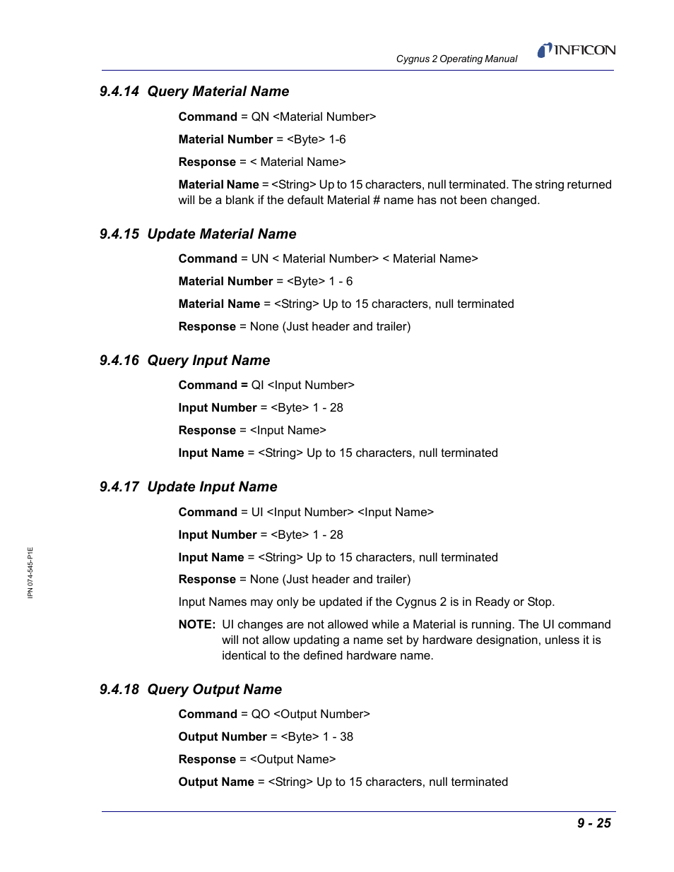 14 query material name, 15 update material name, 16 query input name | 17 update input name, 18 query output name | INFICON Cygnus 2 Thin Film Deposition Controller User Manual | Page 173 / 274