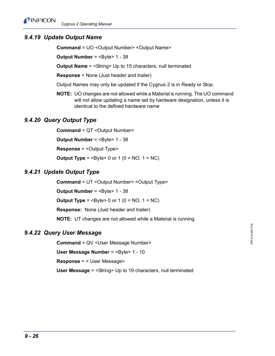 19 update output name, 20 query output type, 21 update output type | 22 query user message | INFICON Cygnus 2 Thin Film Deposition Controller User Manual | Page 174 / 274