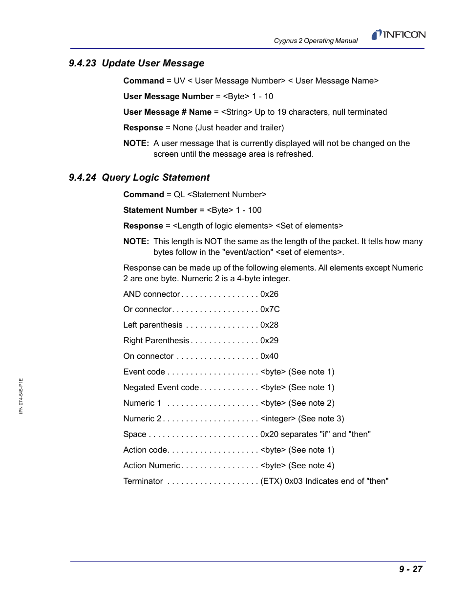 23 update user message, 24 query logic statement | INFICON Cygnus 2 Thin Film Deposition Controller User Manual | Page 175 / 274