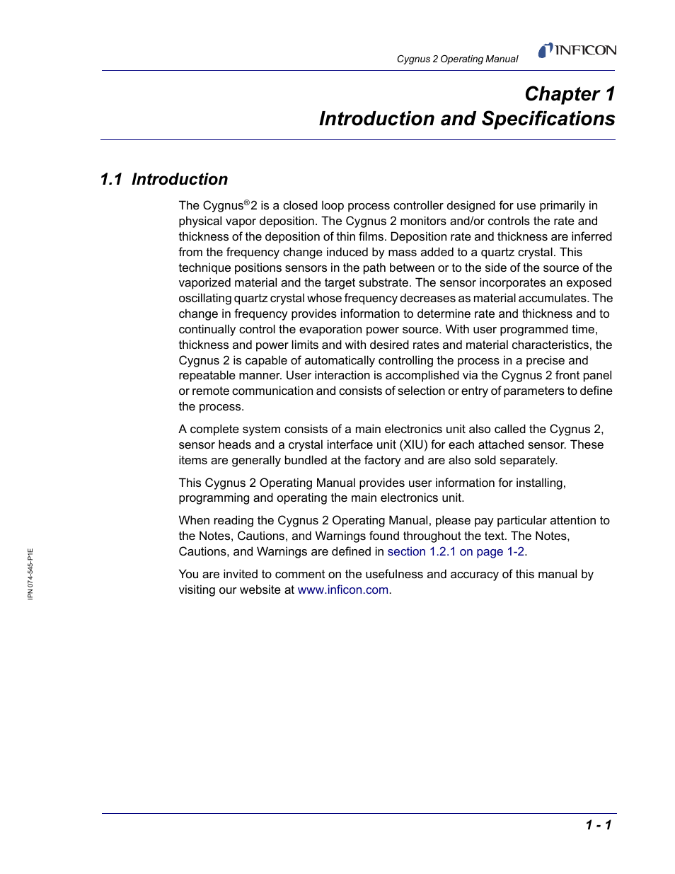 Chapter 1 introduction and specifications, 1 introduction, Chapter 1 | INFICON Cygnus 2 Thin Film Deposition Controller User Manual | Page 19 / 274