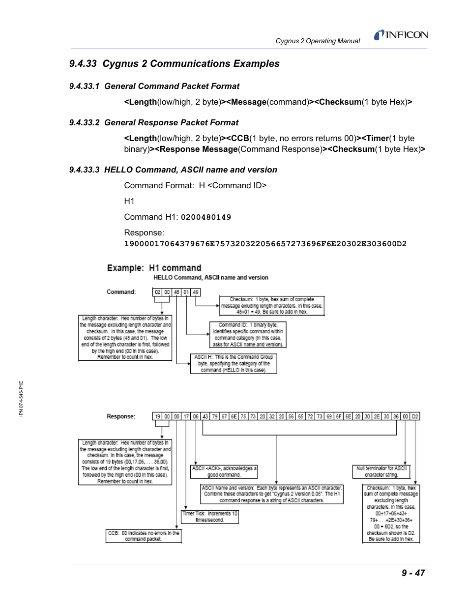 33 cygnus 2 communications examples, 1 general command packet format, 2 general response packet format | 3 hello command, ascii name and version | INFICON Cygnus 2 Thin Film Deposition Controller User Manual | Page 195 / 274