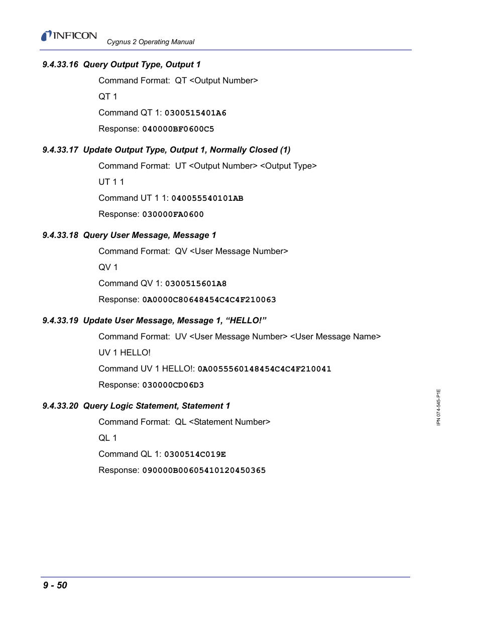 16 query output type, output 1, 18 query user message, message 1, 19 update user message, message 1, “hello | 20 query logic statement, statement 1 | INFICON Cygnus 2 Thin Film Deposition Controller User Manual | Page 198 / 274
