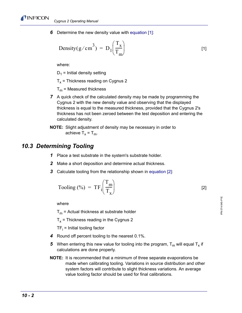 3 determining tooling, Density g cm, Tooling (%) tf | INFICON Cygnus 2 Thin Film Deposition Controller User Manual | Page 204 / 274