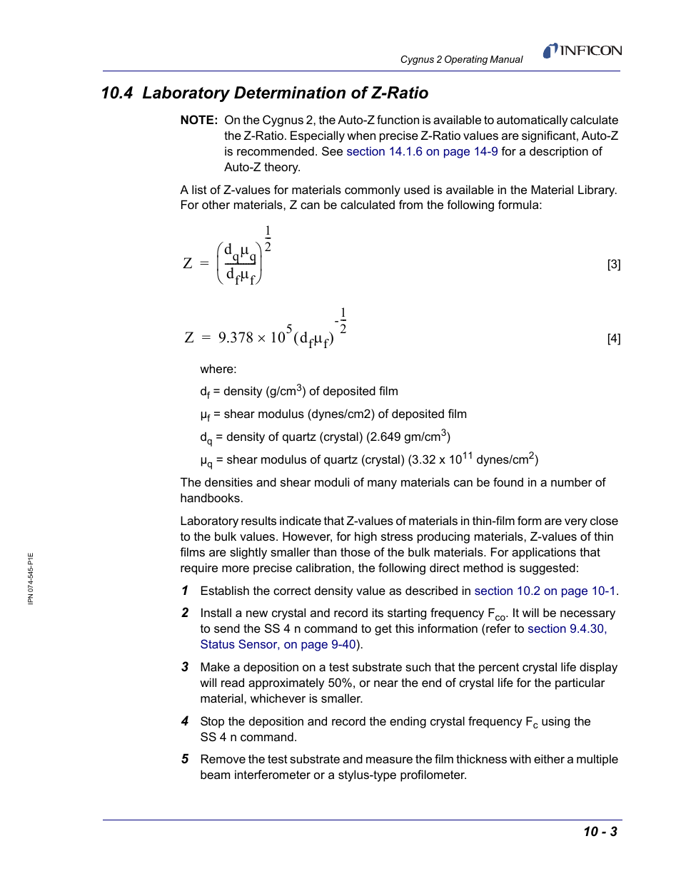 4 laboratory determination of z-ratio, Ed in | INFICON Cygnus 2 Thin Film Deposition Controller User Manual | Page 205 / 274