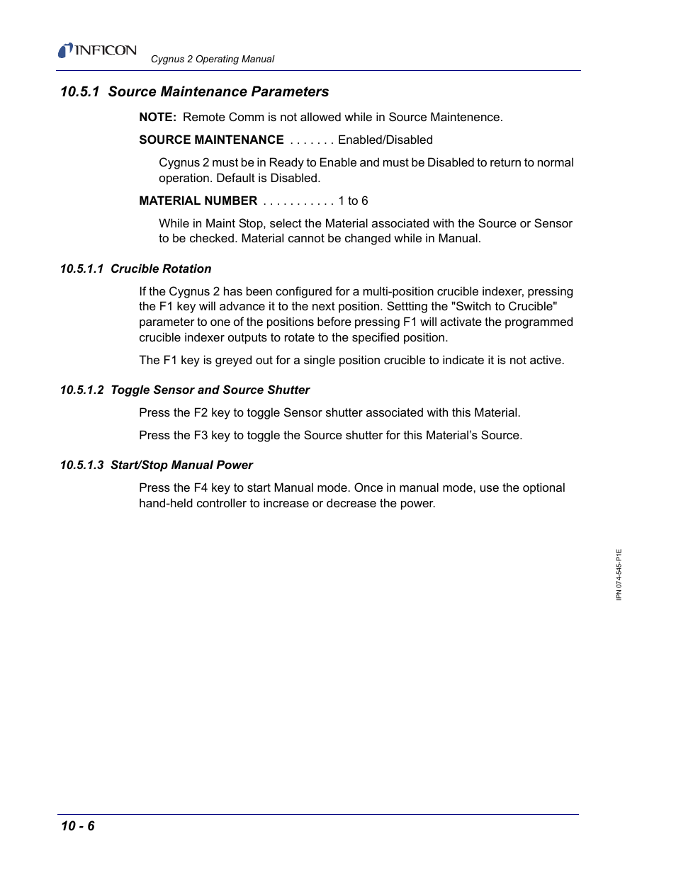 1 source maintenance parameters, 1 crucible rotation, 2 toggle sensor and source shutter | 3 start/stop manual power | INFICON Cygnus 2 Thin Film Deposition Controller User Manual | Page 208 / 274