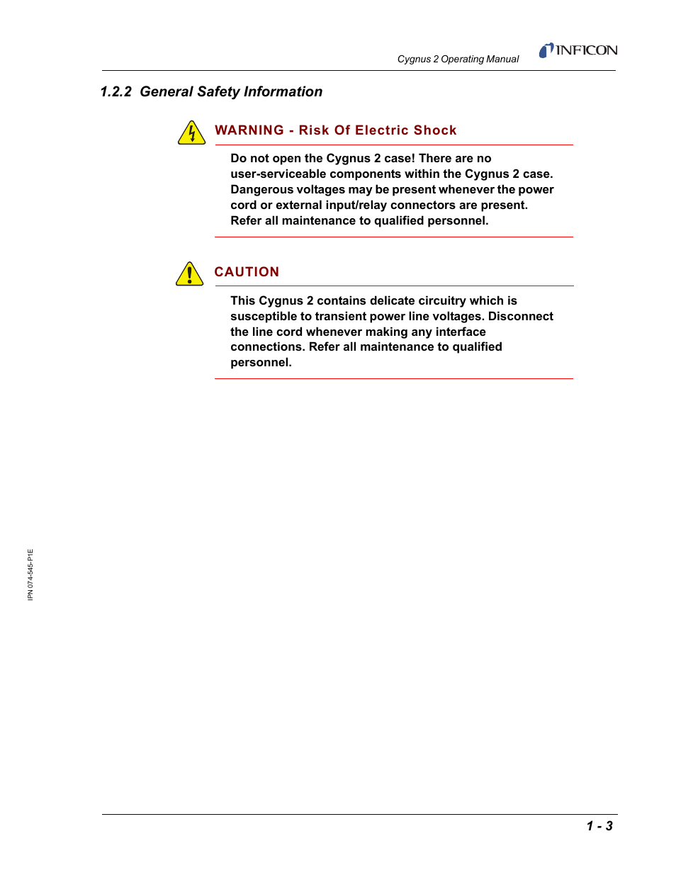 2 general safety information, Warning - risk of electric shock, Caution | INFICON Cygnus 2 Thin Film Deposition Controller User Manual | Page 21 / 274