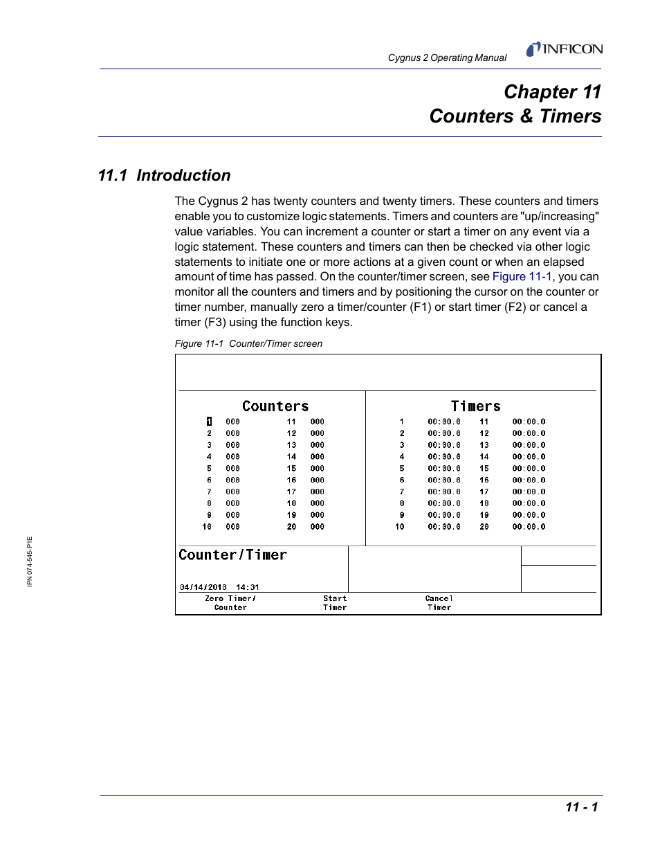 Chapter 11 counters & timers, 1 introduction, Chapter 11 | Chapter 11, counters & timers | INFICON Cygnus 2 Thin Film Deposition Controller User Manual | Page 211 / 274