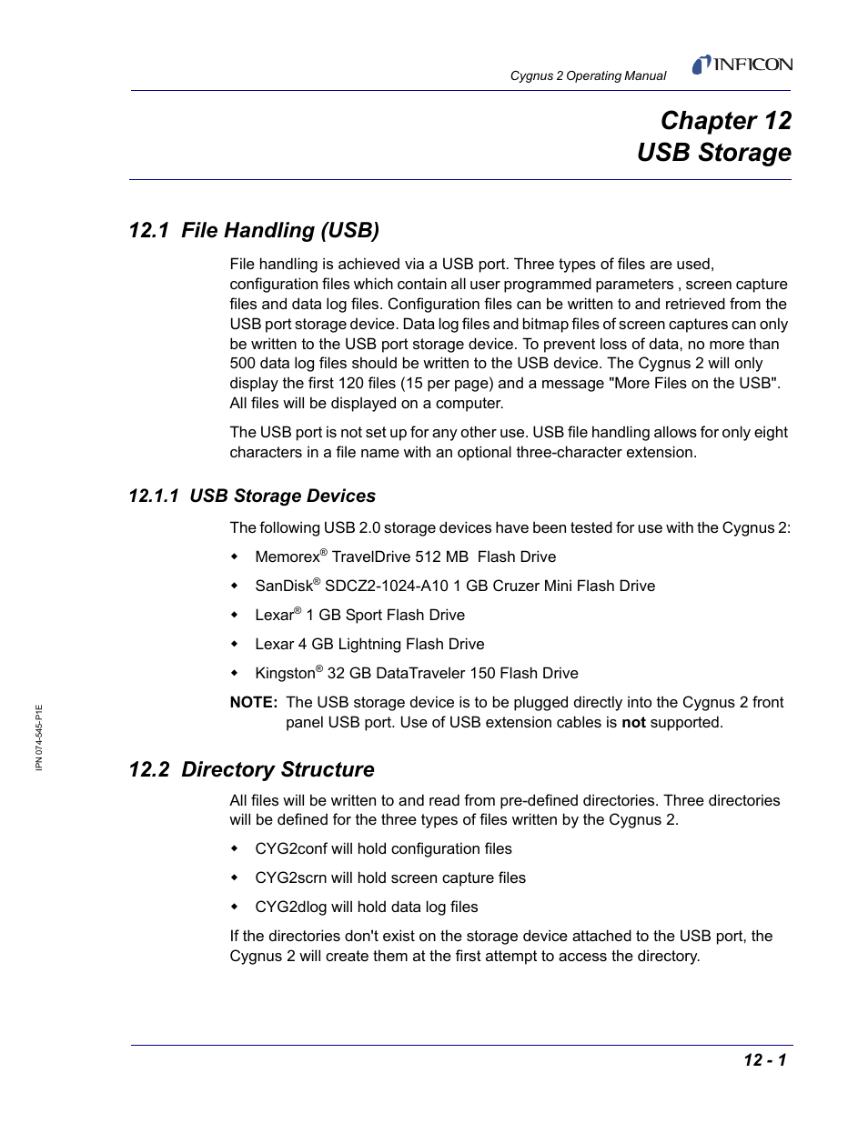 Chapter 12 usb storage, 1 file handling (usb), 1 usb storage devices | 2 directory structure, Chapter 12, Chapter 12, usb storage | INFICON Cygnus 2 Thin Film Deposition Controller User Manual | Page 213 / 274