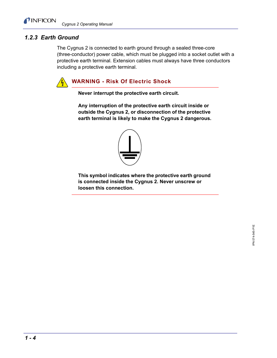 3 earth ground, Warning - risk of electric shock | INFICON Cygnus 2 Thin Film Deposition Controller User Manual | Page 22 / 274