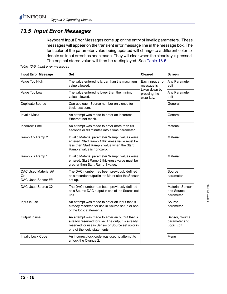 5 input error messages, Section 13.5 | INFICON Cygnus 2 Thin Film Deposition Controller User Manual | Page 226 / 274