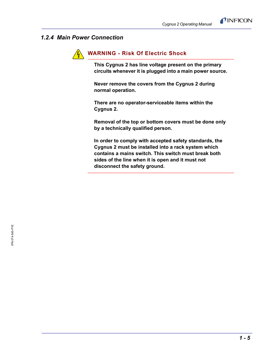 4 main power connection, Warning - risk of electric shock | INFICON Cygnus 2 Thin Film Deposition Controller User Manual | Page 23 / 274