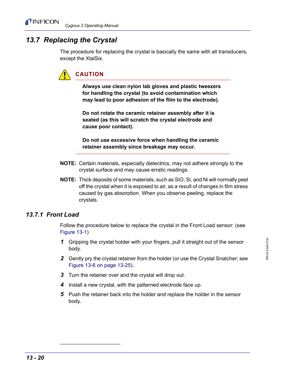 7 replacing the crystal, 1 front load | INFICON Cygnus 2 Thin Film Deposition Controller User Manual | Page 236 / 274