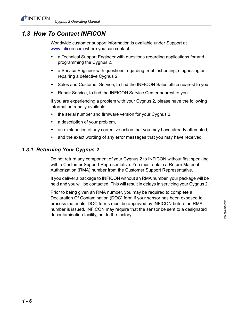 3 how to contact inficon, 1 returning your cygnus 2 | INFICON Cygnus 2 Thin Film Deposition Controller User Manual | Page 24 / 274