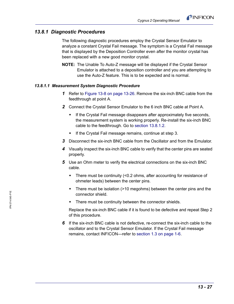 1 diagnostic procedures, 1 measurement system diagnostic procedure | INFICON Cygnus 2 Thin Film Deposition Controller User Manual | Page 243 / 274