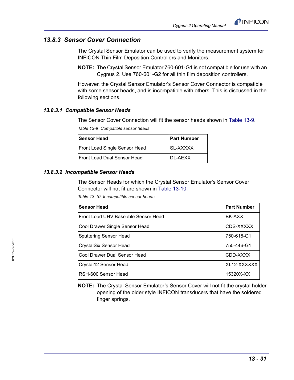 3 sensor cover connection, 1 compatible sensor heads, 2 incompatible sensor heads | INFICON Cygnus 2 Thin Film Deposition Controller User Manual | Page 247 / 274