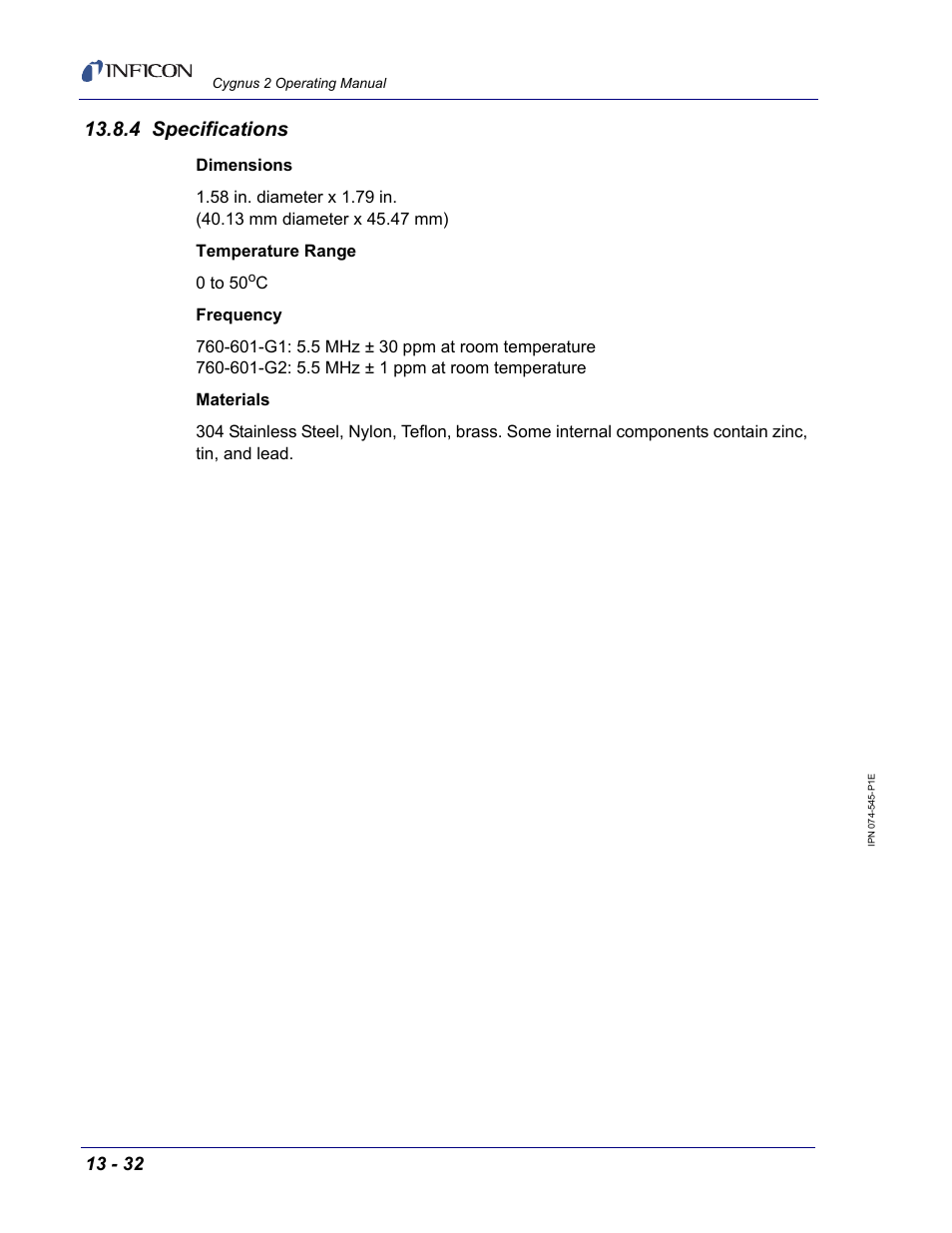 4 specifications | INFICON Cygnus 2 Thin Film Deposition Controller User Manual | Page 248 / 274