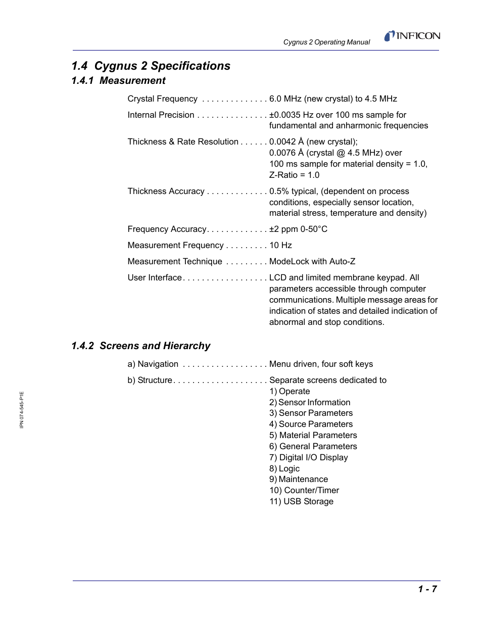 4 cygnus 2 specifications, 1 measurement, 2 screens and hierarchy | INFICON Cygnus 2 Thin Film Deposition Controller User Manual | Page 25 / 274