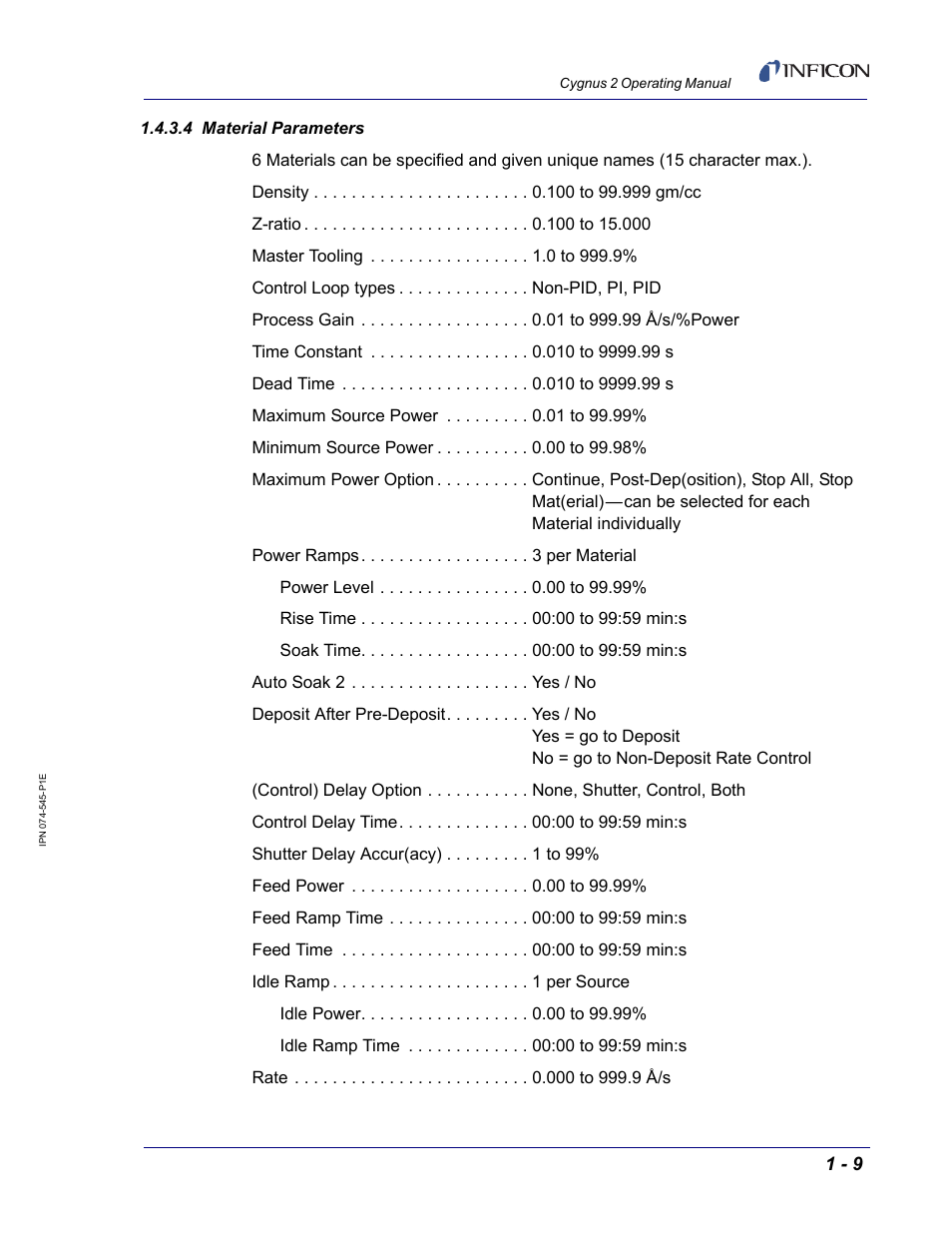 4 material parameters | INFICON Cygnus 2 Thin Film Deposition Controller User Manual | Page 27 / 274
