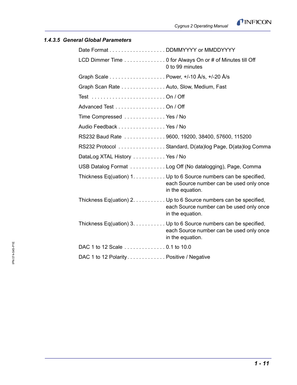 5 general global parameters | INFICON Cygnus 2 Thin Film Deposition Controller User Manual | Page 29 / 274
