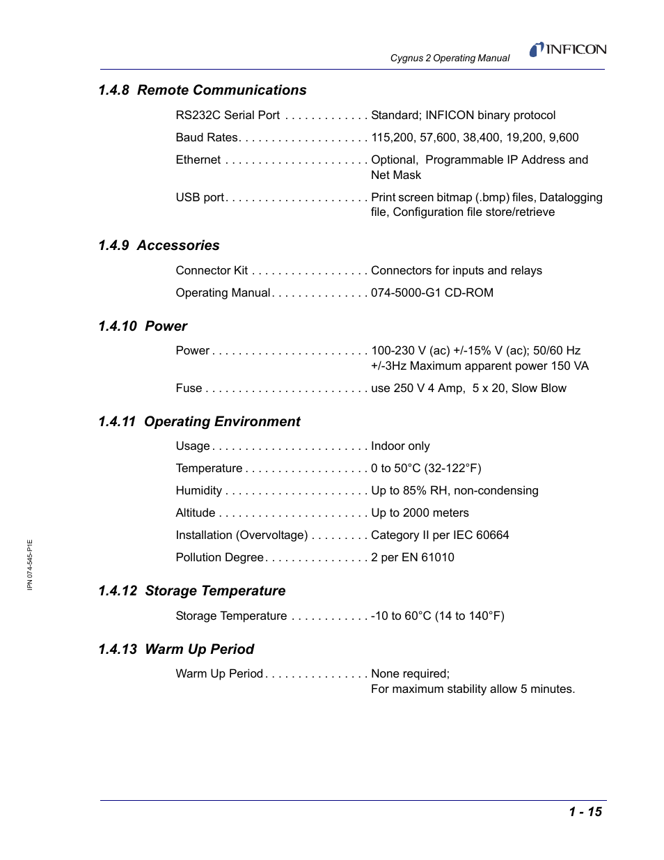 8 remote communications, 9 accessories, 10 power | 11 operating environment, 12 storage temperature, 13 warm up period | INFICON Cygnus 2 Thin Film Deposition Controller User Manual | Page 33 / 274