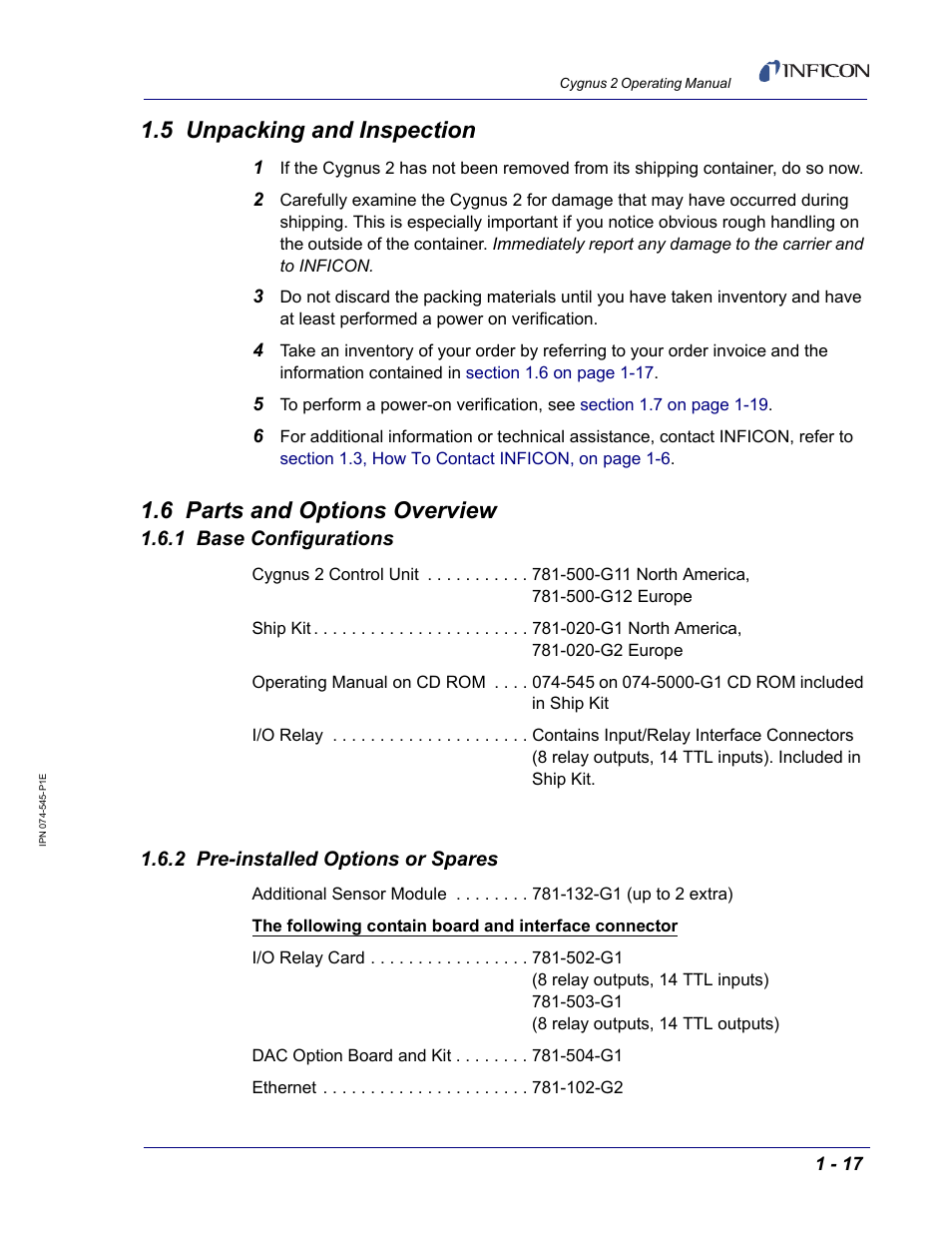5 unpacking and inspection, 6 parts and options overview, 1 base configurations | 2 pre-installed options or spares | INFICON Cygnus 2 Thin Film Deposition Controller User Manual | Page 35 / 274