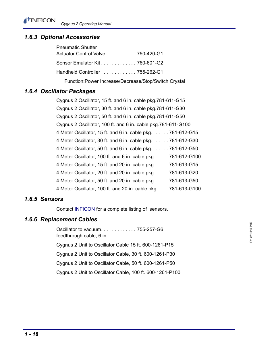 3 optional accessories, 4 oscillator packages, 5 sensors | 6 replacement cables | INFICON Cygnus 2 Thin Film Deposition Controller User Manual | Page 36 / 274