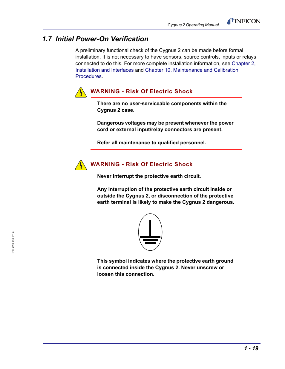 7 initial power-on verification, Wer-on verification, see | INFICON Cygnus 2 Thin Film Deposition Controller User Manual | Page 37 / 274