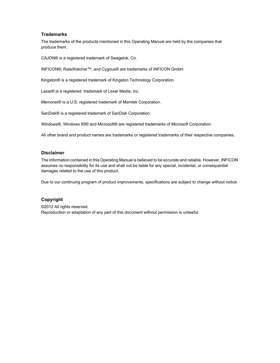 Trademarks, Disclaimer, Copyright | INFICON Cygnus 2 Thin Film Deposition Controller User Manual | Page 4 / 274