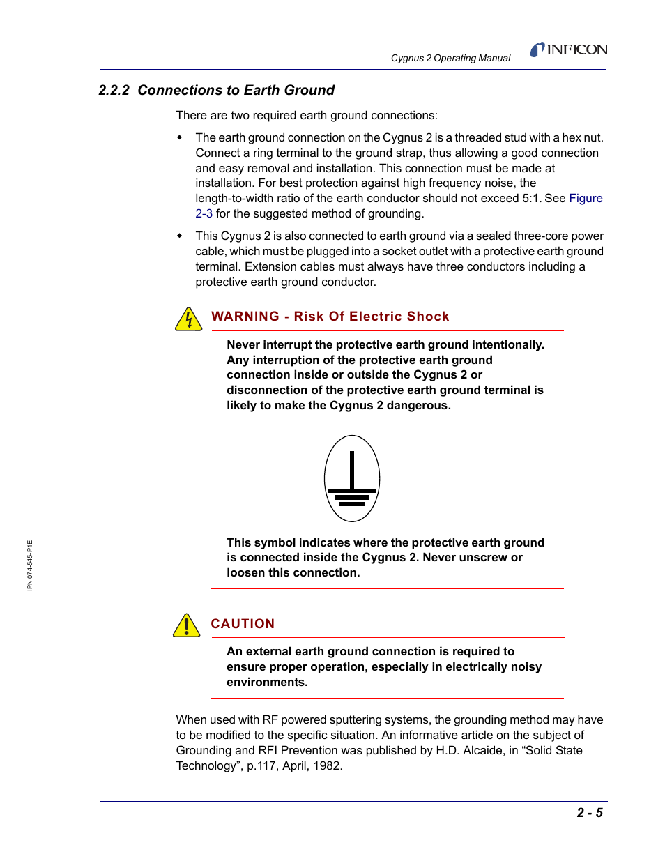 2 connections to earth ground | INFICON Cygnus 2 Thin Film Deposition Controller User Manual | Page 43 / 274