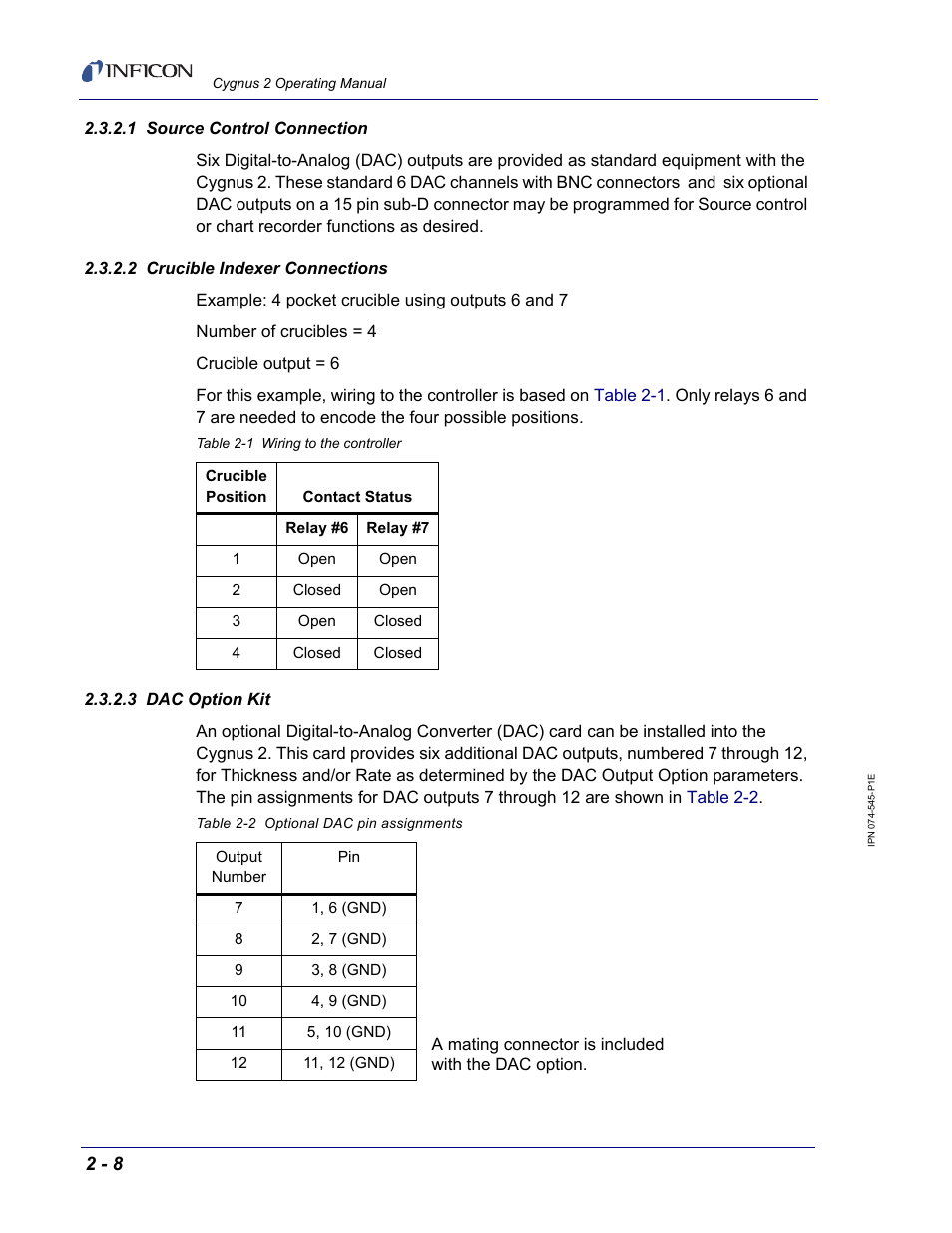 1 source control connection, 2 crucible indexer connections, 3 dac option kit | INFICON Cygnus 2 Thin Film Deposition Controller User Manual | Page 46 / 274